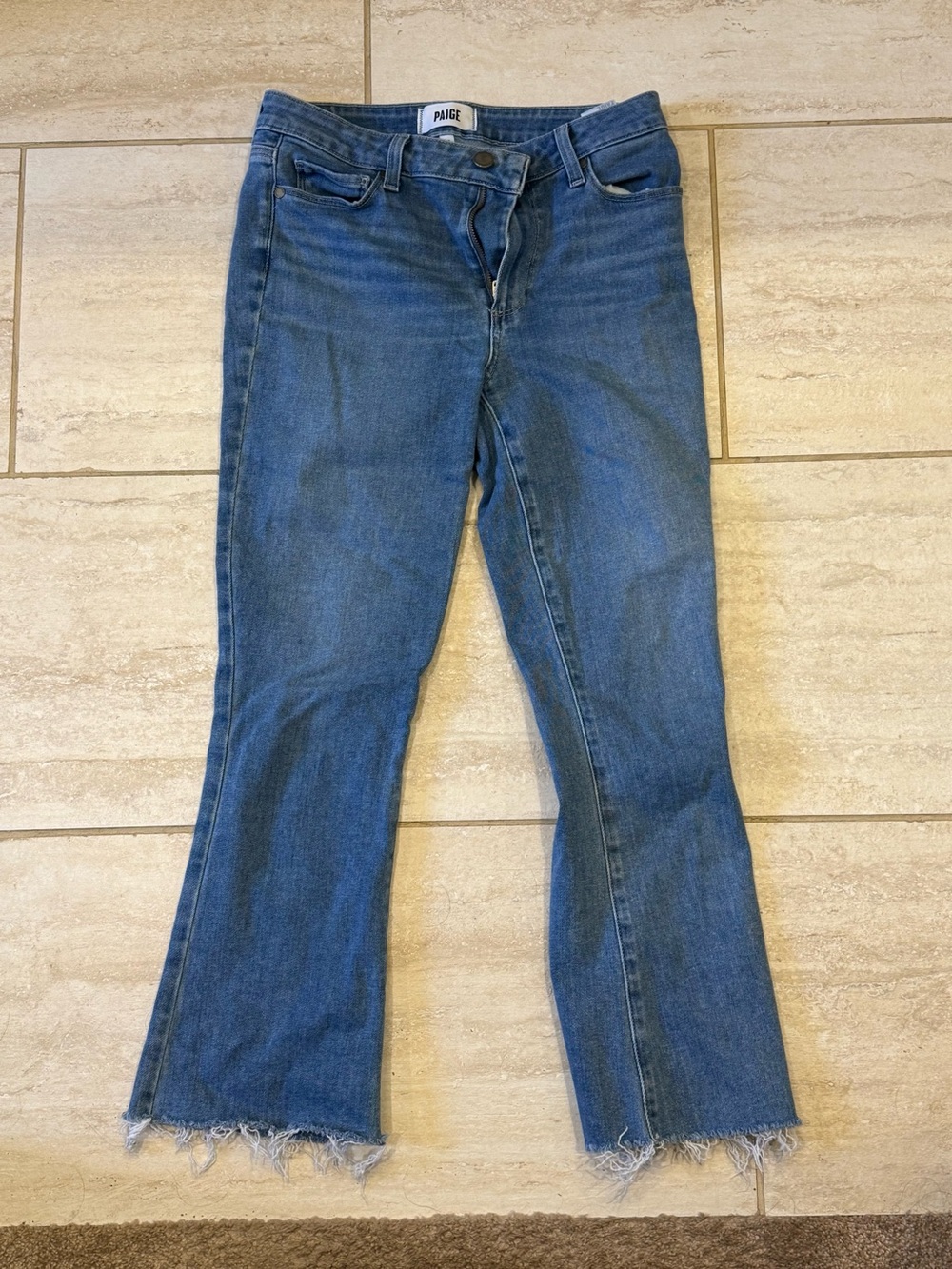 PAIGE Blue Frayed Hem Flare Jeans